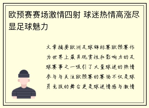 欧预赛赛场激情四射 球迷热情高涨尽显足球魅力