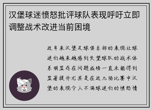 汉堡球迷愤怒批评球队表现呼吁立即调整战术改进当前困境
