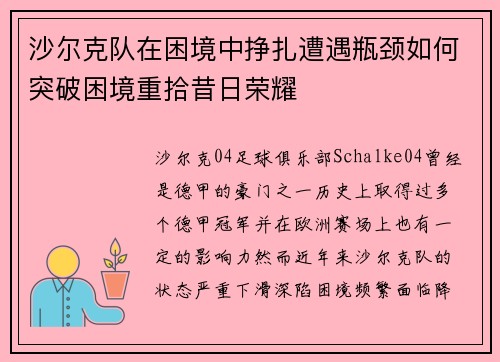 沙尔克队在困境中挣扎遭遇瓶颈如何突破困境重拾昔日荣耀