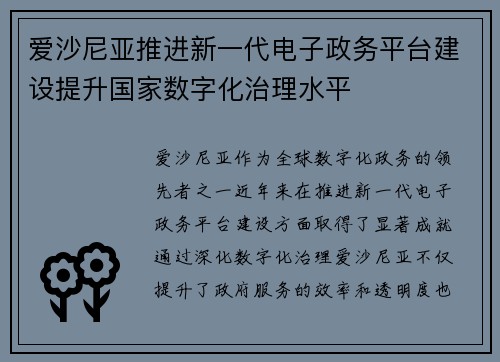 爱沙尼亚推进新一代电子政务平台建设提升国家数字化治理水平