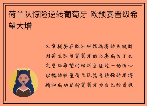 荷兰队惊险逆转葡萄牙 欧预赛晋级希望大增