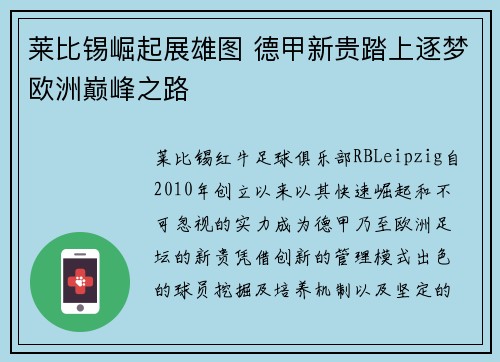 莱比锡崛起展雄图 德甲新贵踏上逐梦欧洲巅峰之路