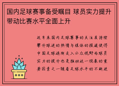 国内足球赛事备受瞩目 球员实力提升带动比赛水平全面上升