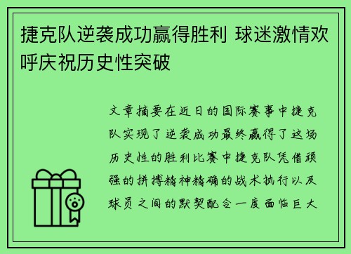 捷克队逆袭成功赢得胜利 球迷激情欢呼庆祝历史性突破