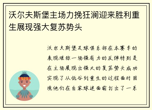 沃尔夫斯堡主场力挽狂澜迎来胜利重生展现强大复苏势头